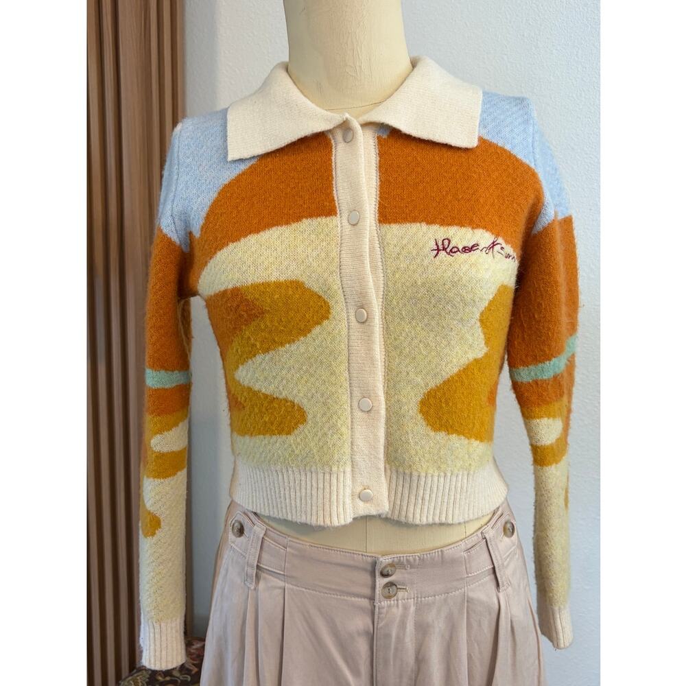 Rehab Lab Small Landscape Cardigan Orange Blue Cream Cropped Collared Sweater